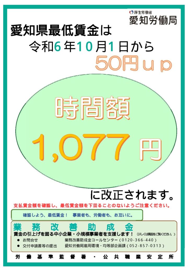 愛知県最低賃金が令和６年１０月１日から改正されます！