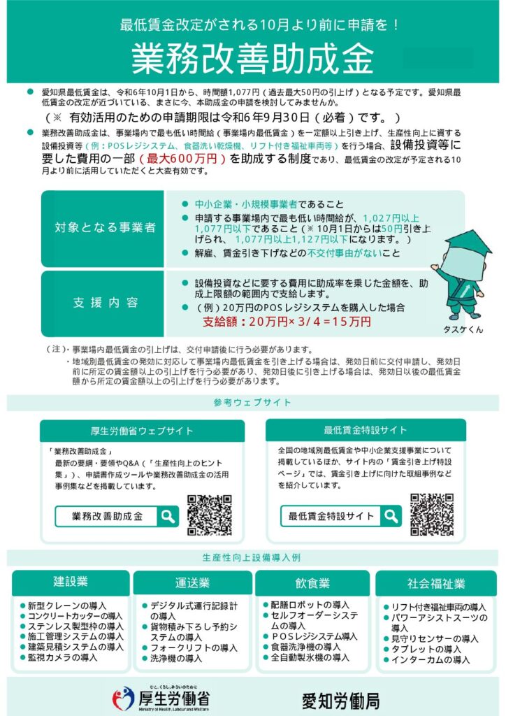 愛知県最低賃金が令和６年１０月１日から改正されます！